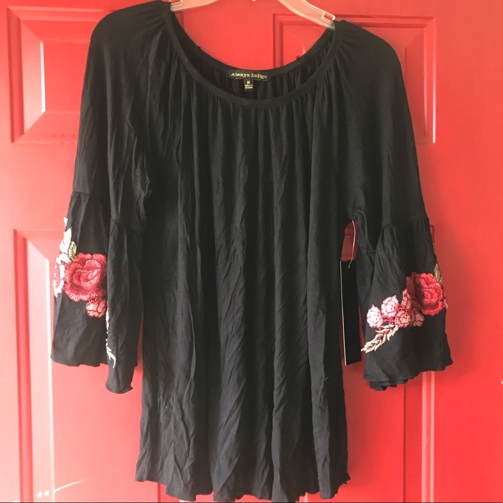 Flowing Blouse with Embroidered Roses, Bell Sleeves